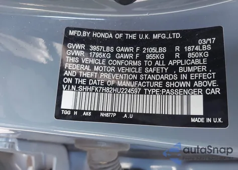 2017 Honda Civic Ex-L from USA, damaged, VIN SHHFK7H82HU224597